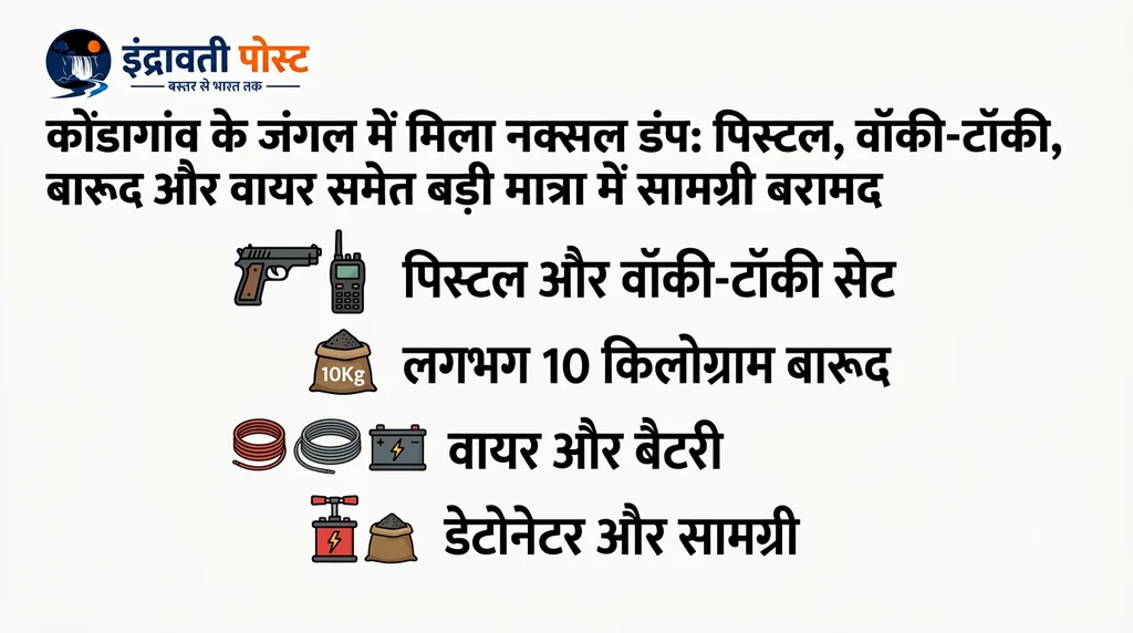 कोंडागांव के जंगल में मिला नक्सल डंप: पिस्टल, वॉकी-टॉकी, बारूद और वायर समेत बड़ी मात्रा में सामग्री बरामद